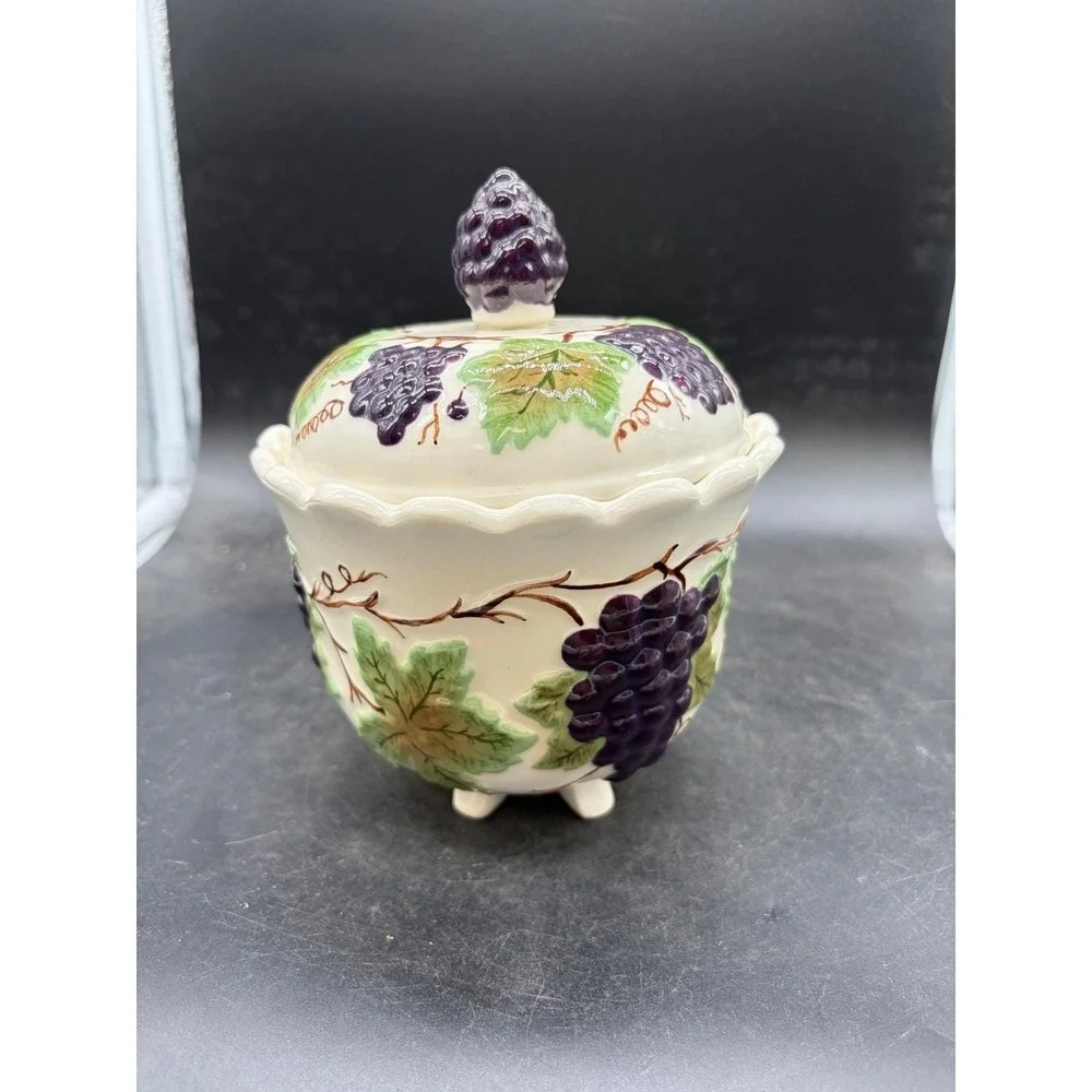 Vntg Ceramic Grape Sugar Bowl with Lid Footed Jam Jar Purple Green‎ Hand Painted
